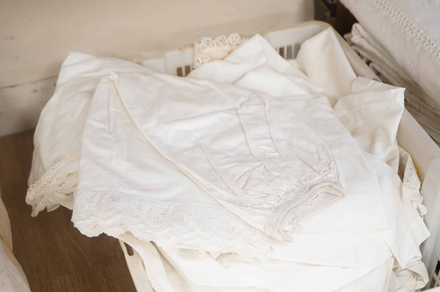 A collection of French mixed chemise and under garments and lace child’s dress